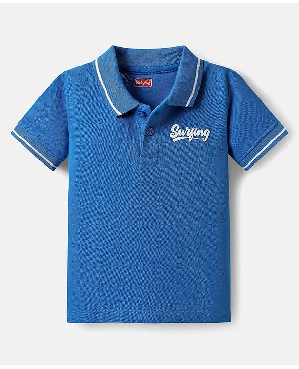 Babyhug Single Jersey Knit Dungaree & Half Sleeves Polo T-Shirt With Beach Theme Print - Blue & White