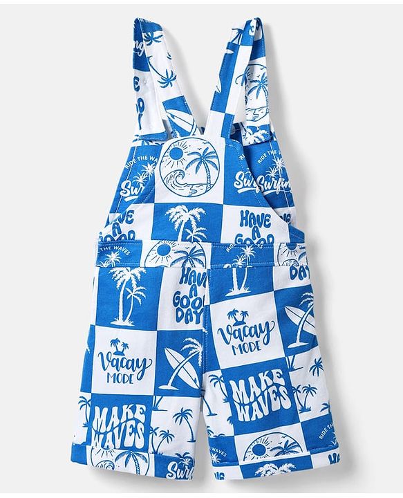 Babyhug Single Jersey Knit Dungaree & Half Sleeves Polo T-Shirt With Beach Theme Print - Blue & White