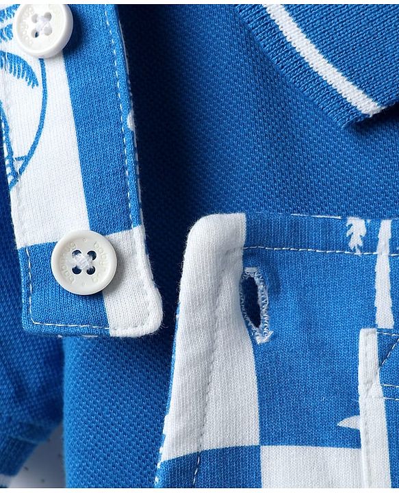 Babyhug Single Jersey Knit Dungaree & Half Sleeves Polo T-Shirt With Beach Theme Print - Blue & White