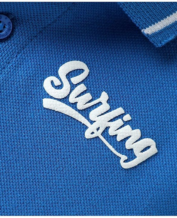 Babyhug Single Jersey Knit Dungaree & Half Sleeves Polo T-Shirt With Beach Theme Print - Blue & White