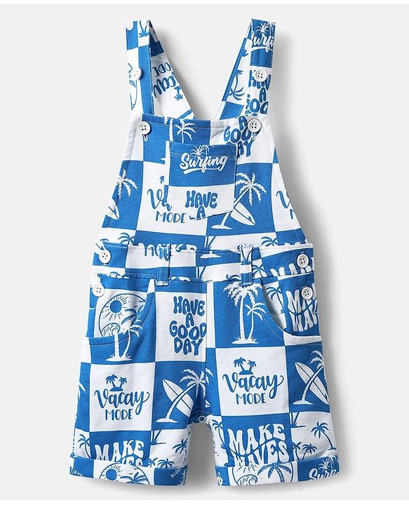 Babyhug Single Jersey Knit Dungaree & Half Sleeves Polo T-Shirt With Beach Theme Print - Blue & White