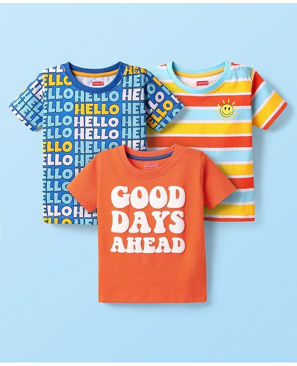 Babyhug Cotton Knit Half Sleeves Striped T-Shirts with Text Print Pack of 3 - Orange Blue & Yellow