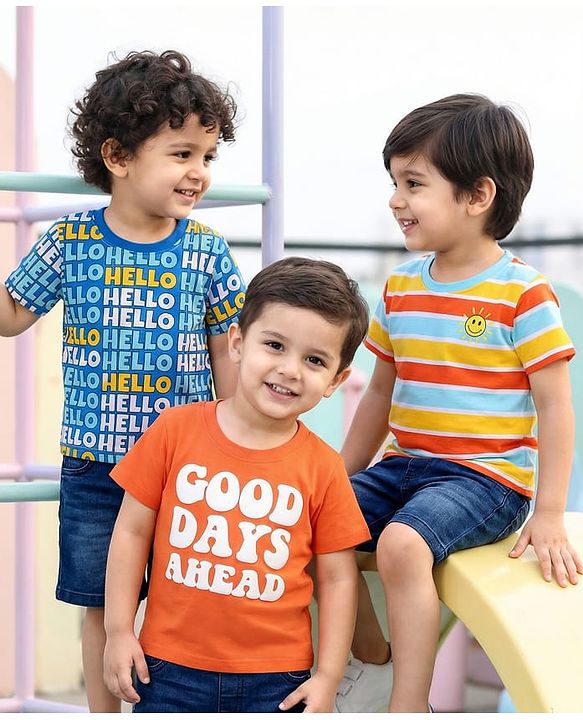 Babyhug Cotton Knit Half Sleeves Striped T-Shirts with Text Print Pack of 3 - Orange Blue & Yellow