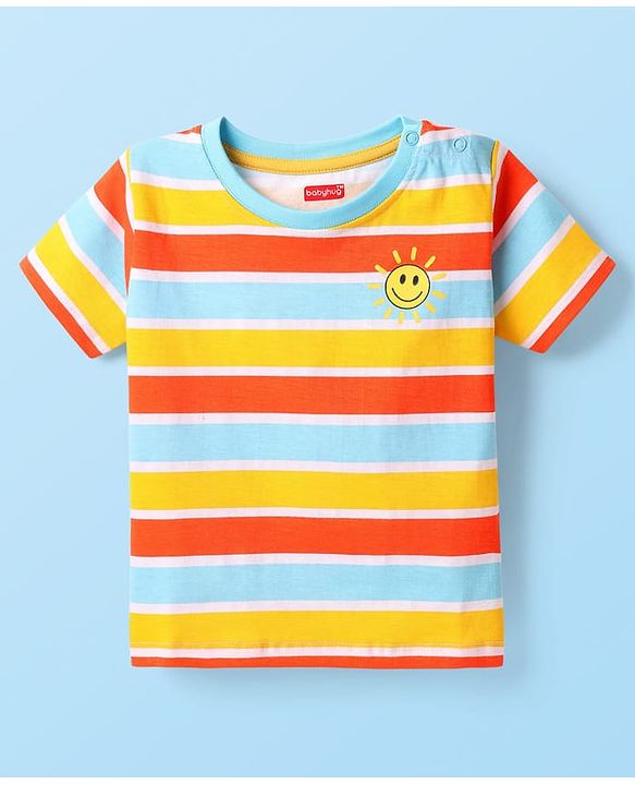 Babyhug Cotton Knit Half Sleeves Striped T-Shirts with Text Print Pack of 3 - Orange Blue & Yellow