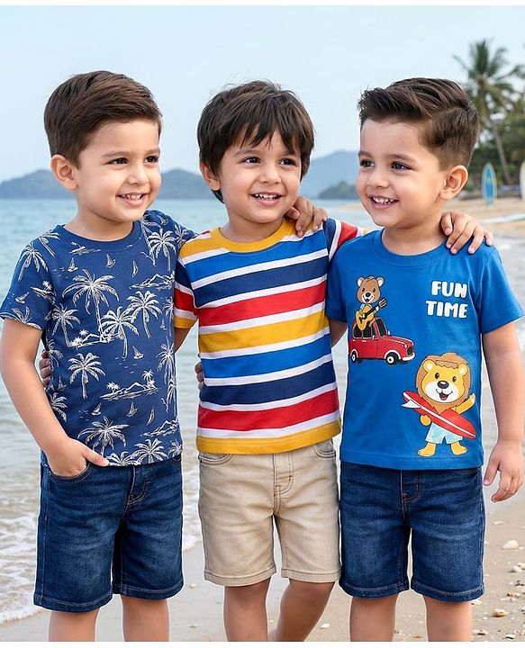 Babyhug Cotton Knit Half Sleeves T-Shirts With Stripes & Animal Print Pack Of 3 - Blue & Yellow