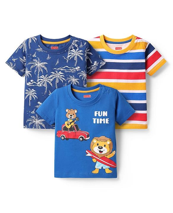 Babyhug Cotton Knit Half Sleeves T-Shirts With Stripes & Animal Print Pack Of 3 - Blue & Yellow