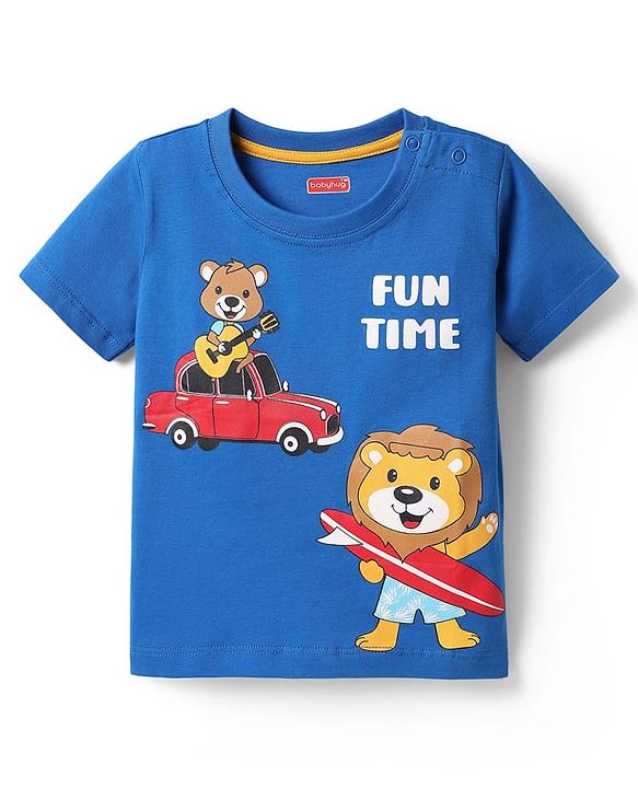 Babyhug Cotton Knit Half Sleeves T-Shirts With Stripes & Animal Print Pack Of 3 - Blue & Yellow