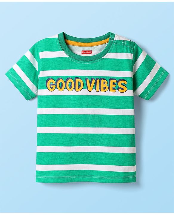 Babyhug Cotton Knit Half Sleeves T-shirt With Stripes & Animal Graphics Pack Of 3  - Light Green White & Orange