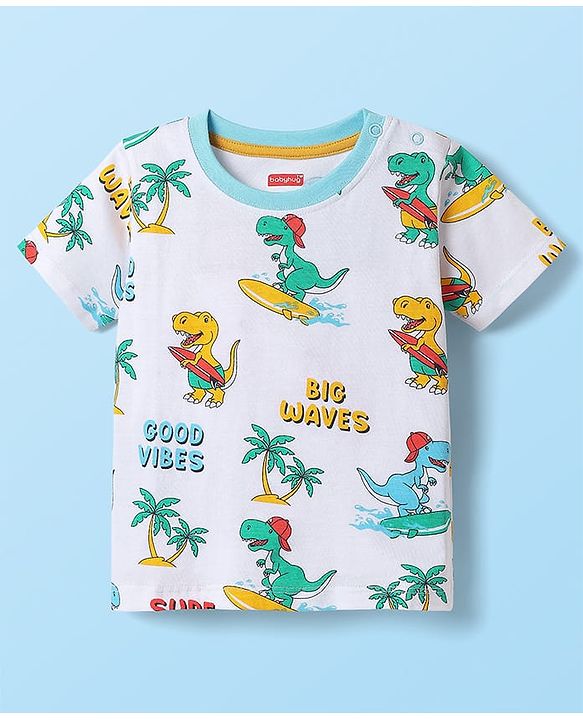Babyhug Cotton Knit Half Sleeves T-shirt With Stripes & Animal Graphics Pack Of 3  - Light Green White & Orange