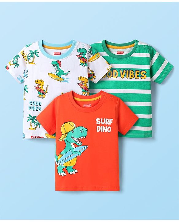 Babyhug Cotton Knit Half Sleeves T-shirt With Stripes & Animal Graphics Pack Of 3  - Light Green White & Orange