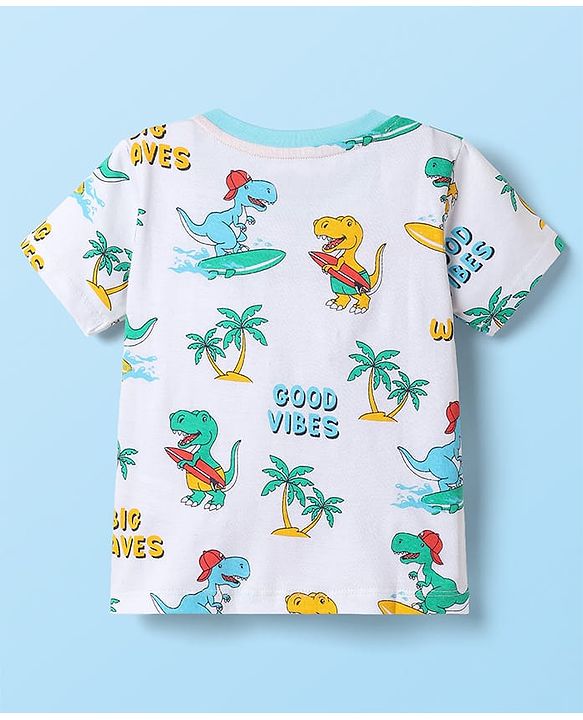 Babyhug Cotton Knit Half Sleeves T-shirt With Stripes & Animal Graphics Pack Of 3  - Light Green White & Orange