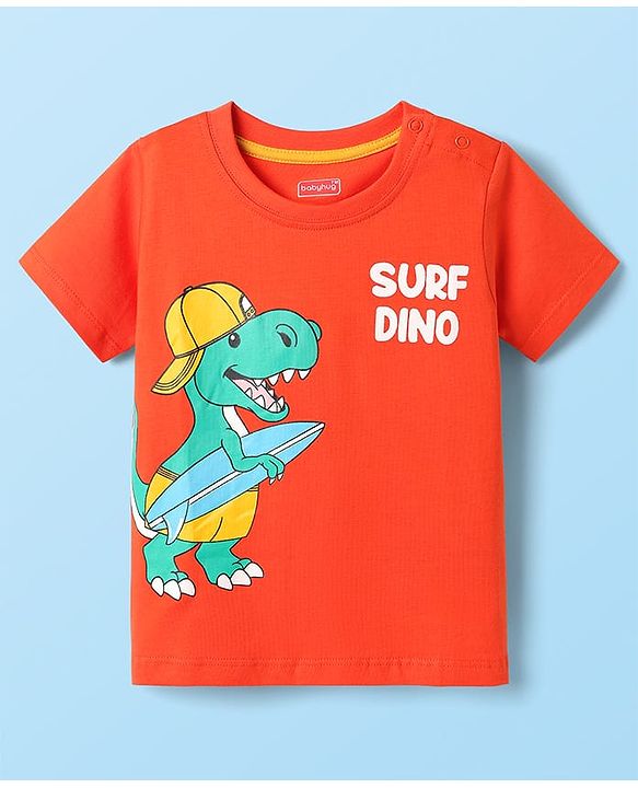 Babyhug Cotton Knit Half Sleeves T-shirt With Stripes & Animal Graphics Pack Of 3  - Light Green White & Orange