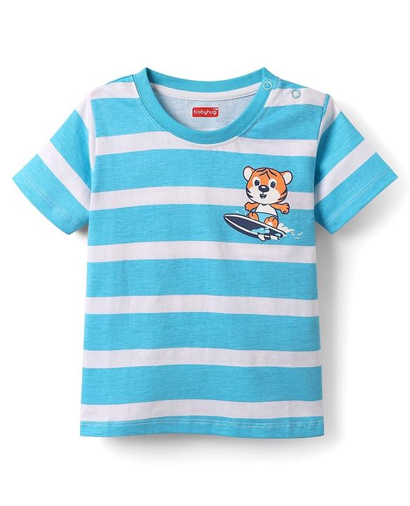 Babyhug Cotton Knit Half Sleeves T-shirt With Stripes & Beach Theme Graphics Pack Of 3  - Light Blue Navy Blue & Orange