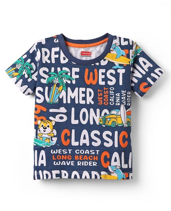Babyhug Cotton Knit Half Sleeves T-shirt With Stripes & Beach Theme Graphics Pack Of 3  - Light Blue Navy Blue & Orange