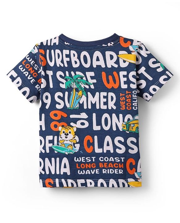Babyhug Cotton Knit Half Sleeves T-shirt With Stripes & Beach Theme Graphics Pack Of 3  - Light Blue Navy Blue & Orange