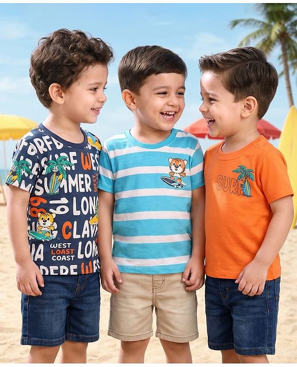 Babyhug Cotton Knit Half Sleeves T-shirt With Stripes & Beach Theme Graphics Pack Of 3  - Light Blue Navy Blue & Orange