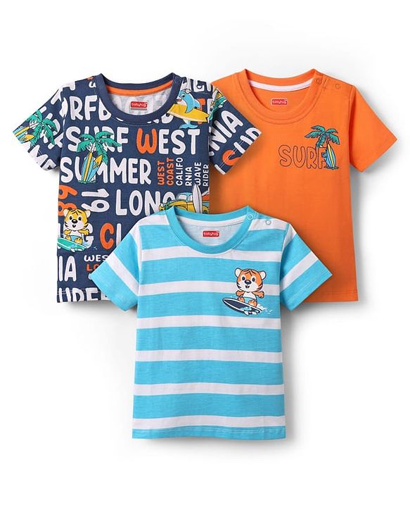 Babyhug Cotton Knit Half Sleeves T-shirt With Stripes & Beach Theme Graphics Pack Of 3  - Light Blue Navy Blue & Orange