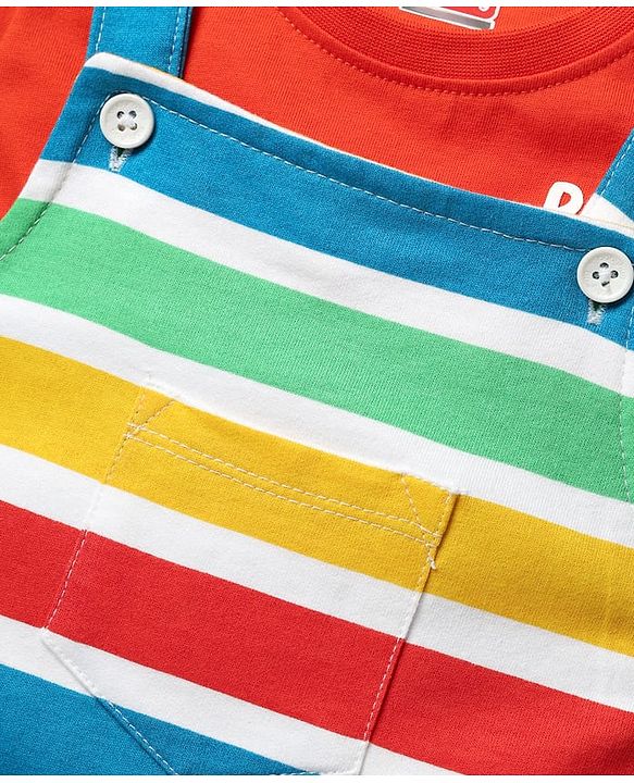 Babyhug Single Jersey Knit Striped Dungaree & Half Sleeves T-Shirt With  Teddy Bear Print - Red