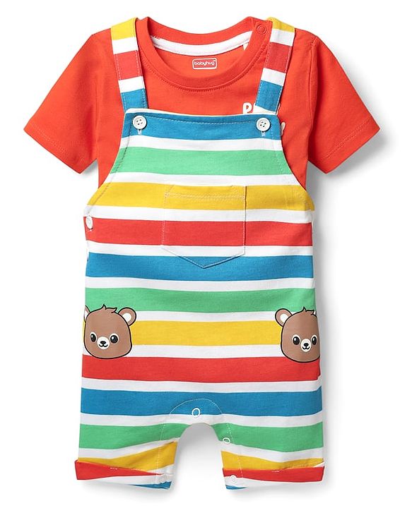 Babyhug Single Jersey Knit Striped Dungaree & Half Sleeves T-Shirt With  Teddy Bear Print - Red