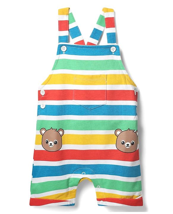 Babyhug Single Jersey Knit Striped Dungaree & Half Sleeves T-Shirt With  Teddy Bear Print - Red
