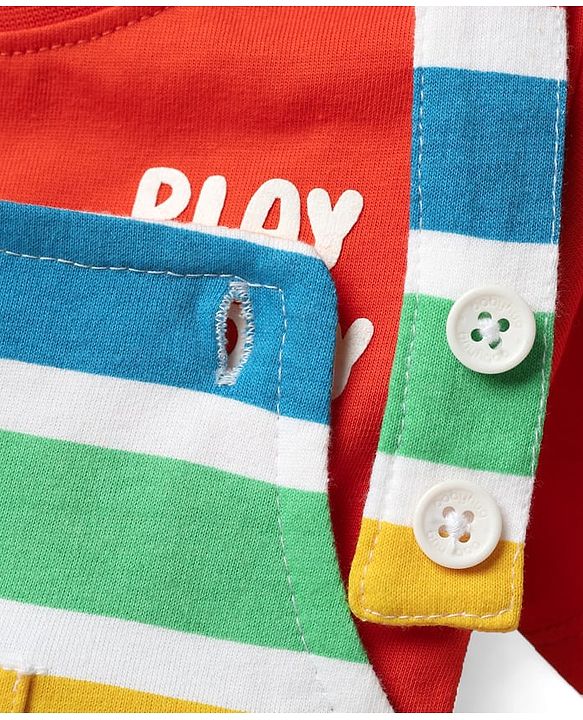Babyhug Single Jersey Knit Striped Dungaree & Half Sleeves T-Shirt With  Teddy Bear Print - Red