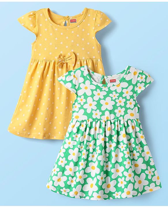 Babyhug Single Jersey Knit Cap Sleeves Frocks with Polka Dot & Floral Print Pack of 2 - Yellow & Green