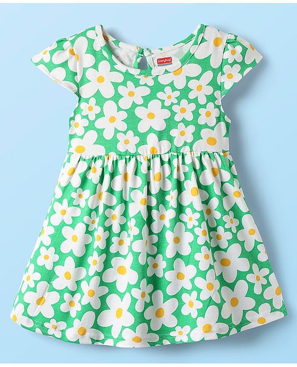 Babyhug Single Jersey Knit Cap Sleeves Frocks with Polka Dot & Floral Print Pack of 2 - Yellow & Green
