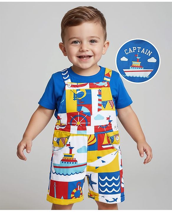Babyhug Single Jersey Knit Half Sleeves T-Shirt & Dungaree with Nautical Print - Blue