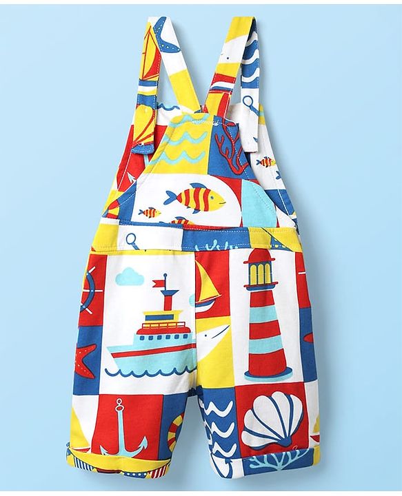 Babyhug Single Jersey Knit Half Sleeves T-Shirt & Dungaree with Nautical Print - Blue