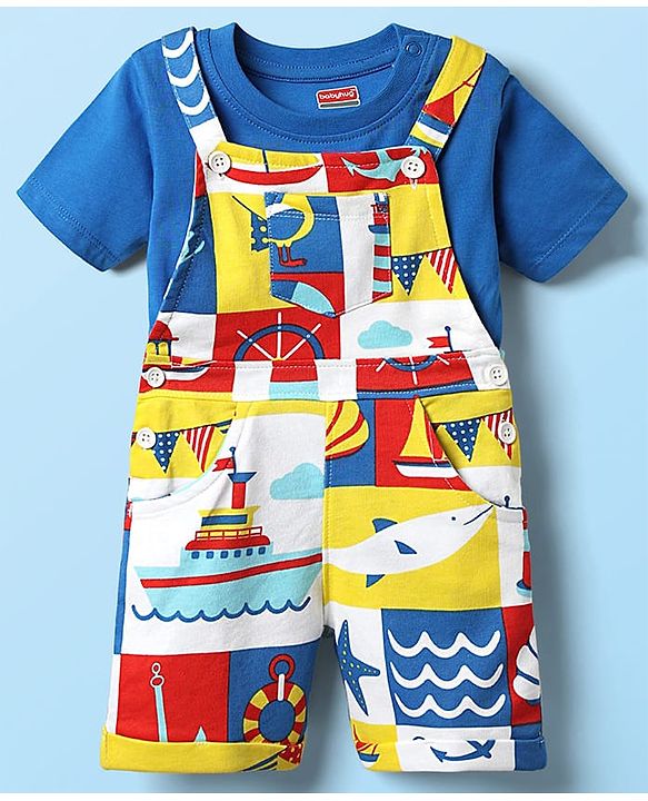 Babyhug Single Jersey Knit Half Sleeves T-Shirt & Dungaree with Nautical Print - Blue