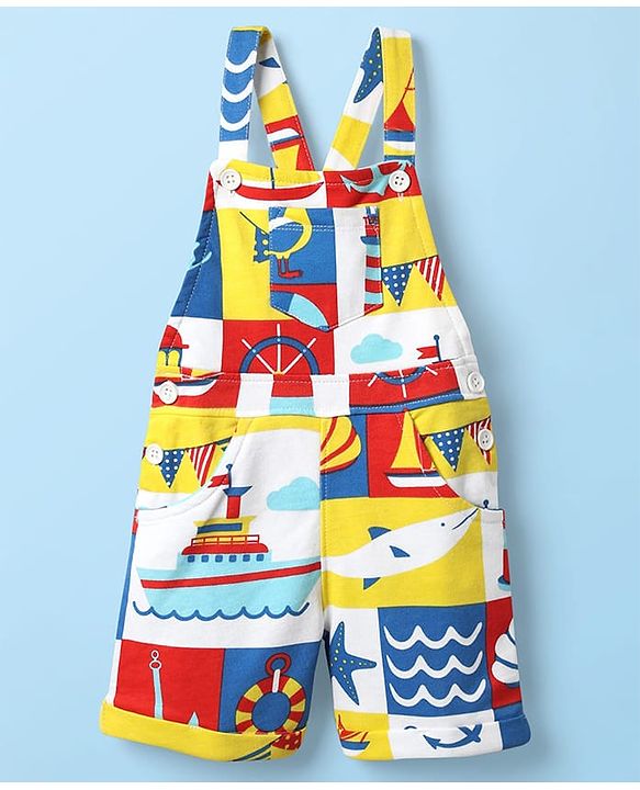 Babyhug Single Jersey Knit Half Sleeves T-Shirt & Dungaree with Nautical Print - Blue