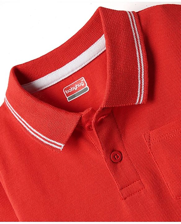 Babyhug Single Jersey Knit Half Sleeves Polo T-Shirt & Dungaree With Animal Print - Red & Blue