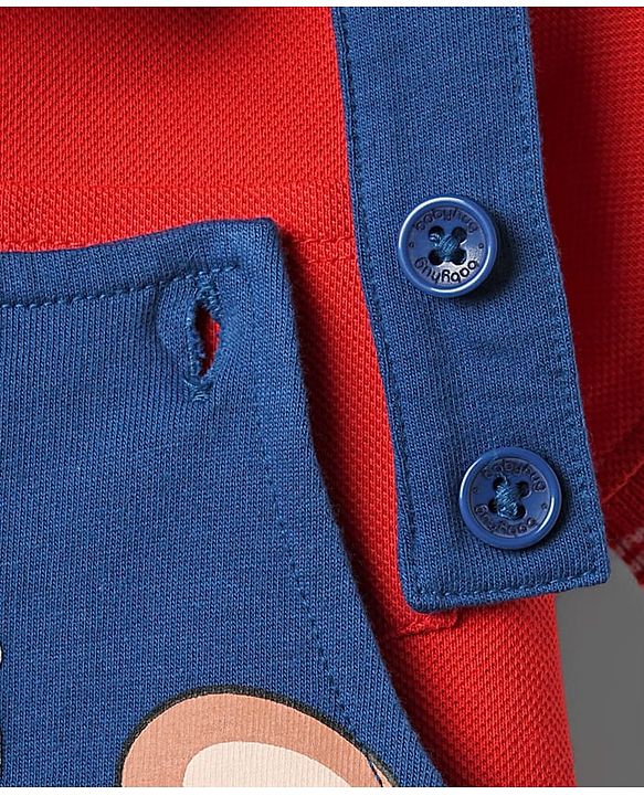 Babyhug Single Jersey Knit Half Sleeves Polo T-Shirt & Dungaree With Animal Print - Red & Blue