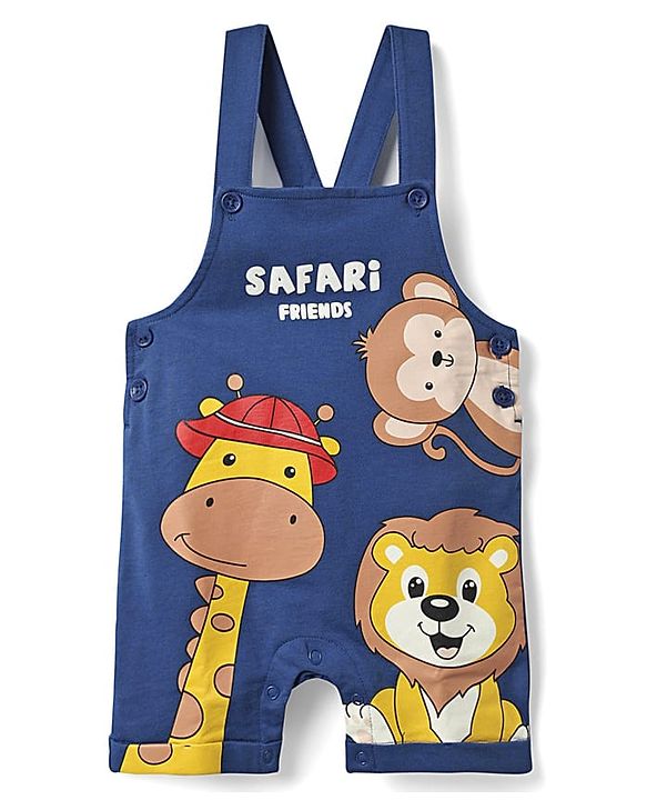 Babyhug Single Jersey Knit Half Sleeves Polo T-Shirt & Dungaree With Animal Print - Red & Blue