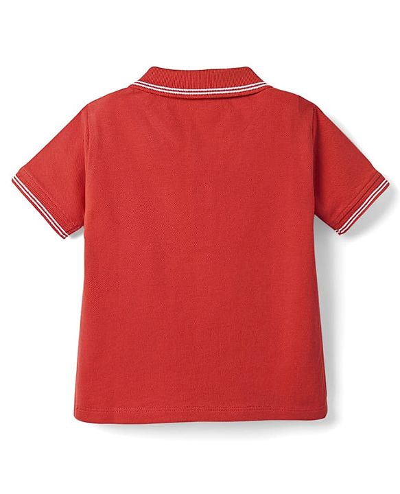 Babyhug Single Jersey Knit Half Sleeves Polo T-Shirt & Dungaree With Animal Print - Red & Blue