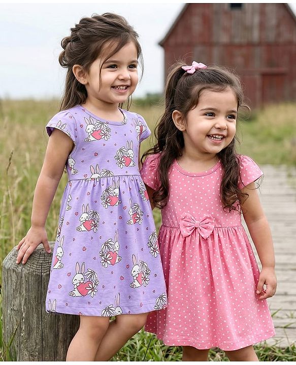 Babyhug Single Jersey Knit Cap Sleeves Bunny & Heart Printed Frocks With Bow Applique Pack of 2 - Pink & Purple