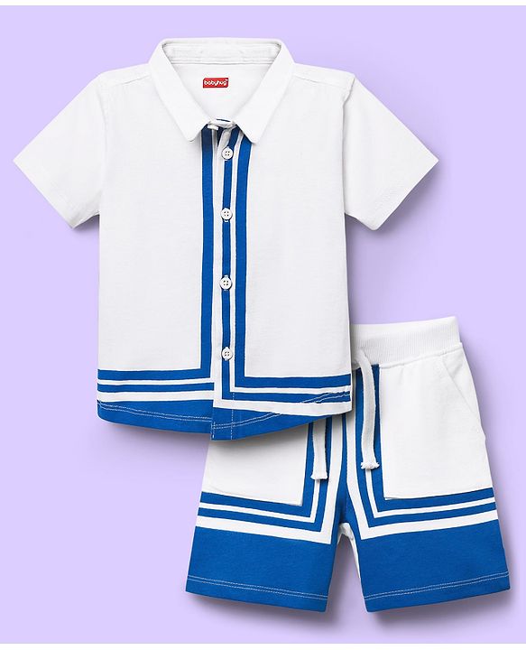 Babyhug Single Jersey Knit Half Sleeves Shirt & Shorts Set With Color Block Design - White & Blue