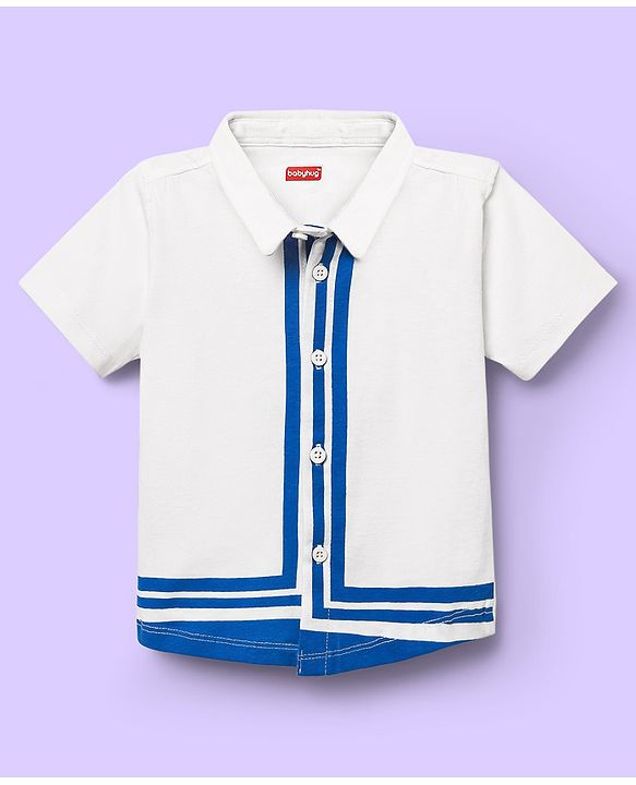 Babyhug Single Jersey Knit Half Sleeves Shirt & Shorts Set With Color Block Design - White & Blue