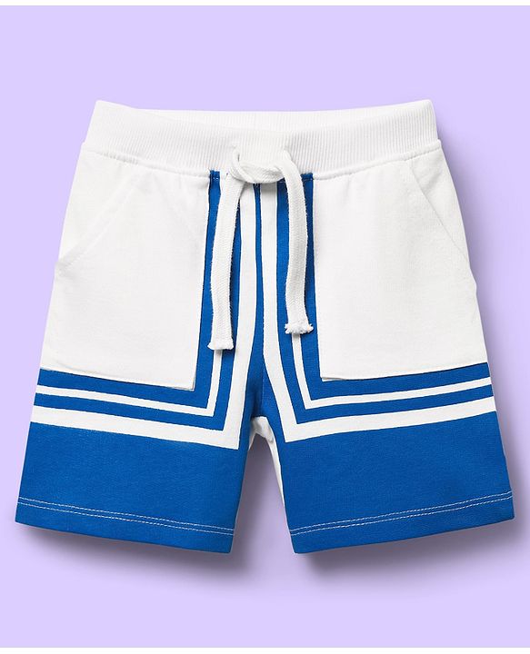 Babyhug Single Jersey Knit Half Sleeves Shirt & Shorts Set With Color Block Design - White & Blue