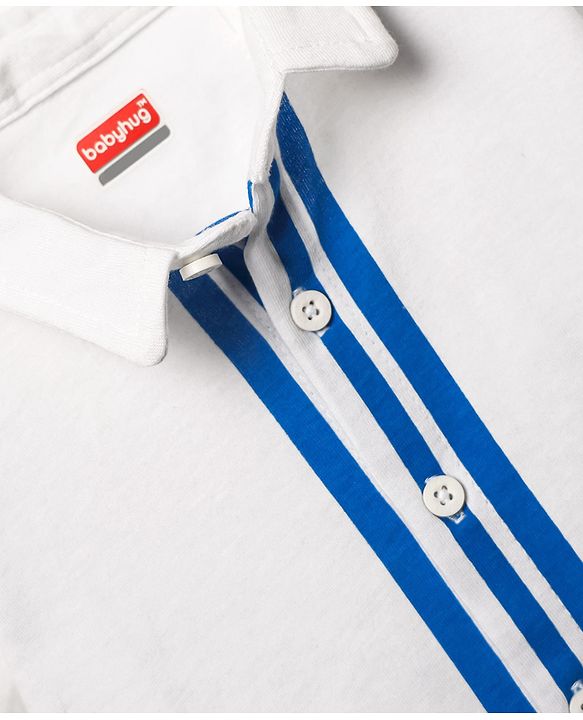 Babyhug Single Jersey Knit Half Sleeves Shirt & Shorts Set With Color Block Design - White & Blue