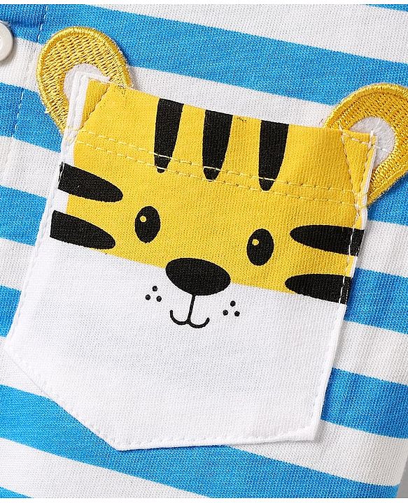 Babyhug Single Jersey Knit Half Sleeves Henley T-Shirt & Shorts Set with Tiger Print & Stripes - Yellow & Blue