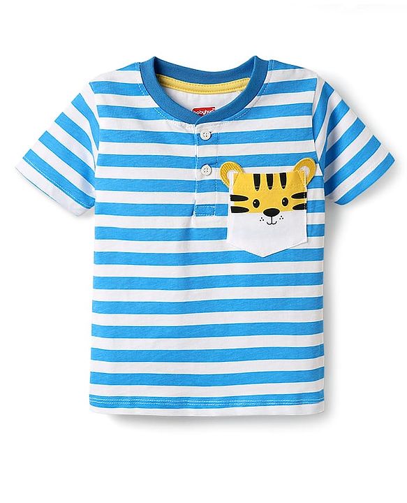 Babyhug Single Jersey Knit Half Sleeves Henley T-Shirt & Shorts Set with Tiger Print & Stripes - Yellow & Blue