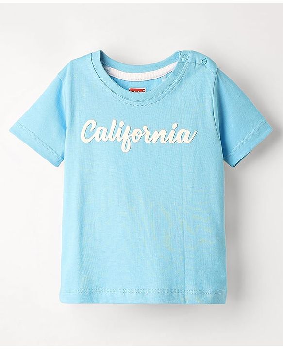 Babyhug Single Jersey Knit Half Sleeves T-Shirt & Dungaree with Beach Print - Light Blue