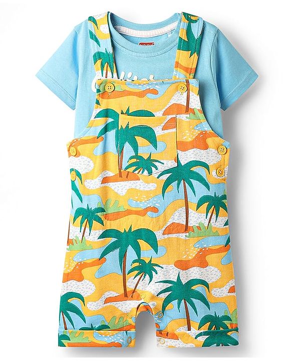 Babyhug Single Jersey Knit Half Sleeves T-Shirt & Dungaree with Beach Print - Light Blue