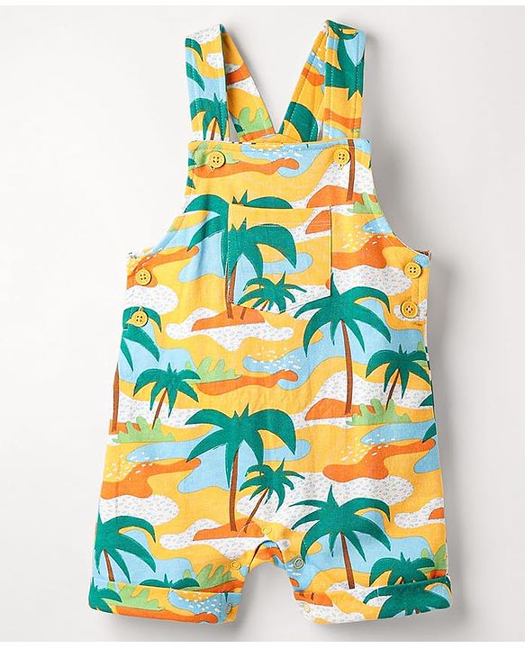 Babyhug Single Jersey Knit Half Sleeves T-Shirt & Dungaree with Beach Print - Light Blue