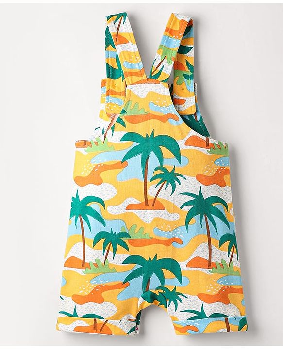 Babyhug Single Jersey Knit Half Sleeves T-Shirt & Dungaree with Beach Print - Light Blue