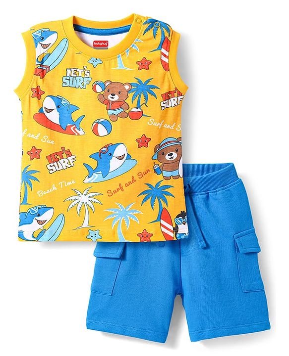 Babyhug Single Jersey Knit Sleeveless T-Shirt & Shorts Set with Beach Theme Print - Yellow & Blue