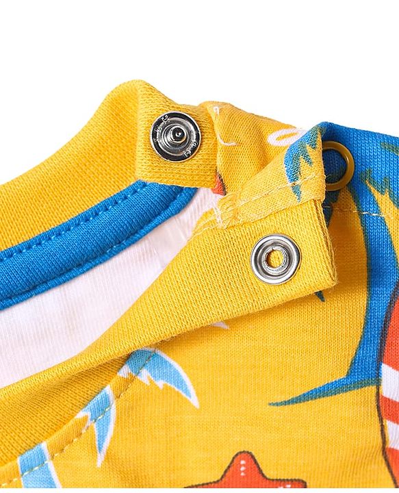 Babyhug Single Jersey Knit Sleeveless T-Shirt & Shorts Set with Beach Theme Print - Yellow & Blue