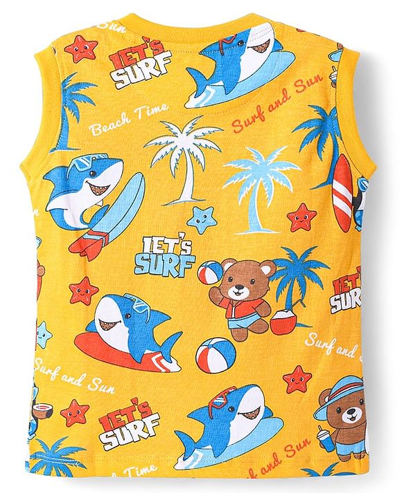 Babyhug Single Jersey Knit Sleeveless T-Shirt & Shorts Set with Beach Theme Print - Yellow & Blue
