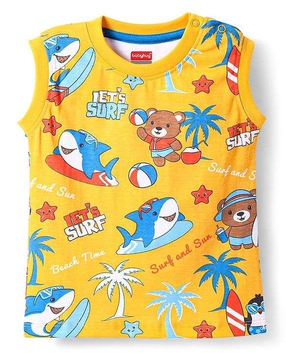 Babyhug Single Jersey Knit Sleeveless T-Shirt & Shorts Set with Beach Theme Print - Yellow & Blue